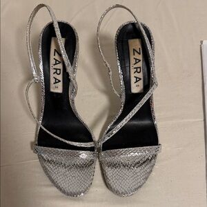 ZARA Metallic Silver Snake-Texture Strappy Heels
